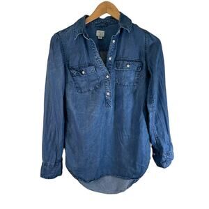 A New Day Women's Chambray Popover Blouse Top Blue Size XS Western Garden Girl